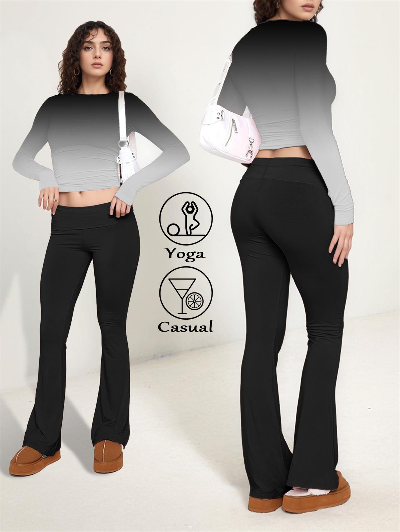 Model wearing 2 piece lounge set with fold-over waistband